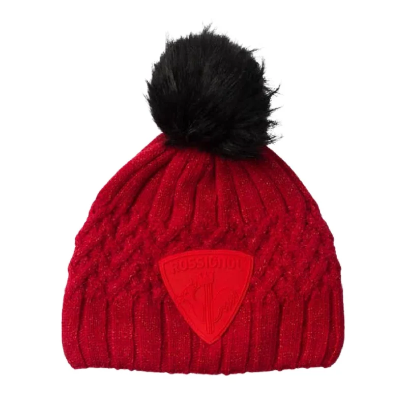 Womens Hats with rolled edges-Cable Knit Pom Pom Hat In Red/black