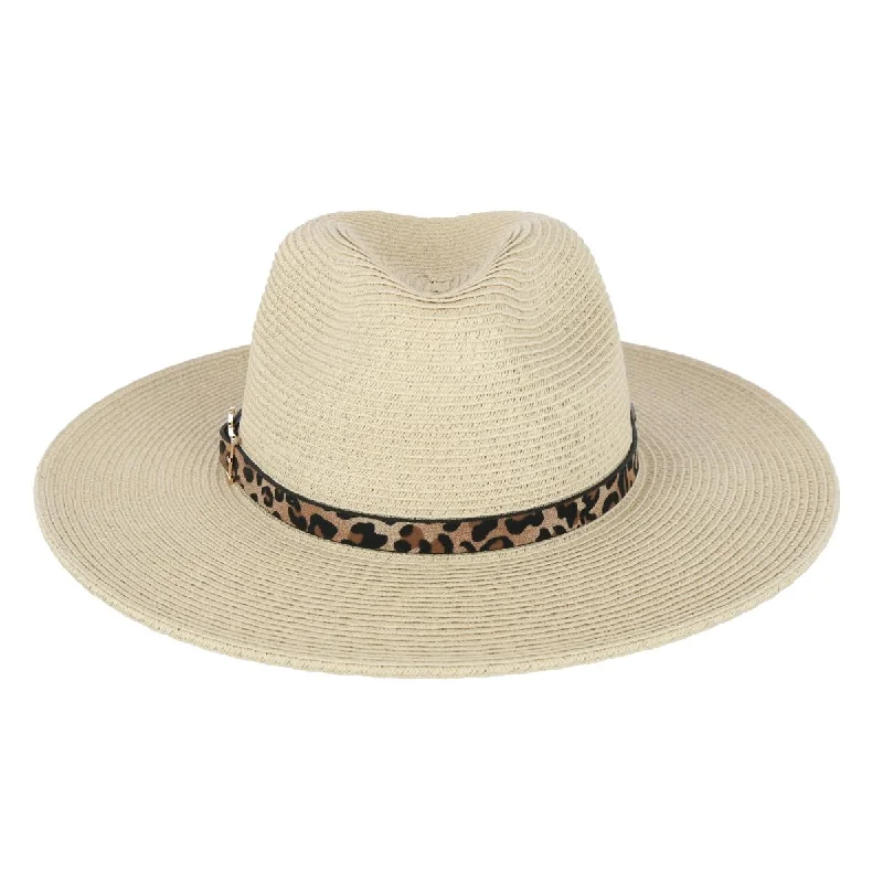 Sun hat for year round-Women's Braided Toyo Fedora Sun Hat with Leopard Hat Band