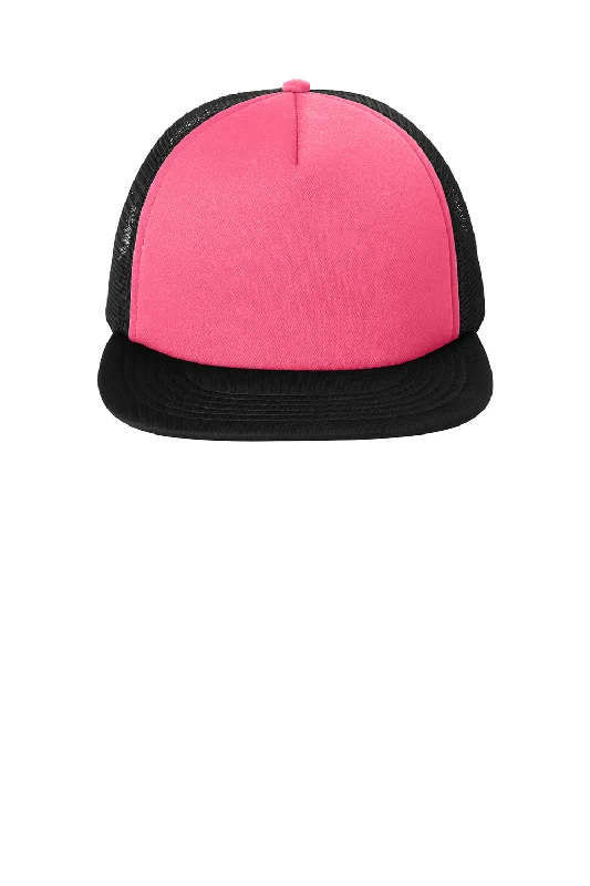 Mens hats for wet conditions-District Mens Flat Bill Snapback Trucker Hat - Neon Pink