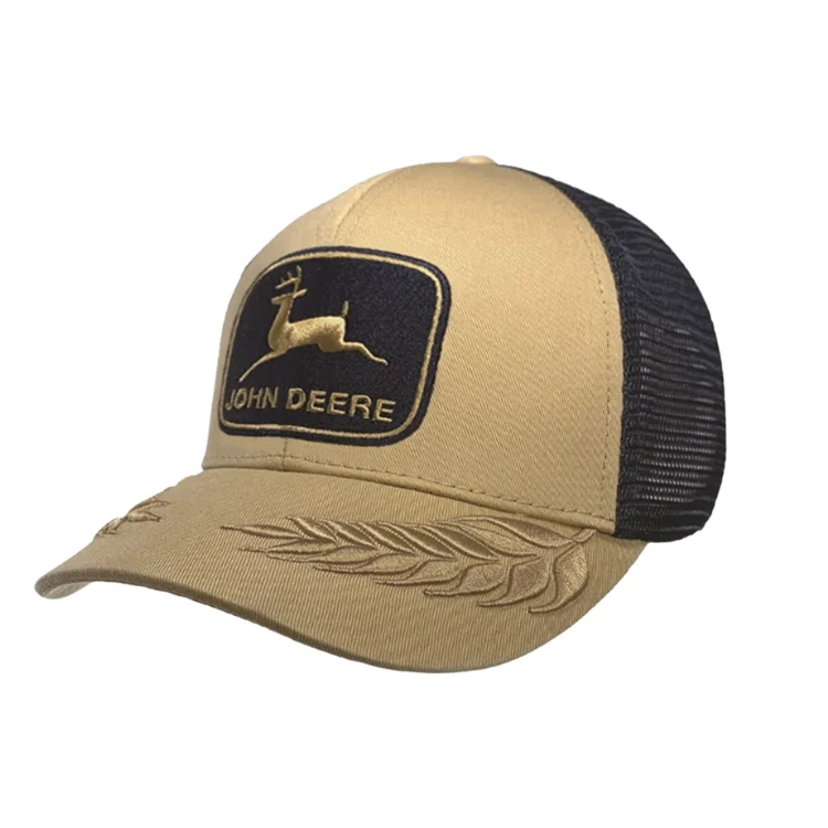 Beanies & Headbands with Team Text-John Deere Twill Mesh Cap - Wheat/Navy