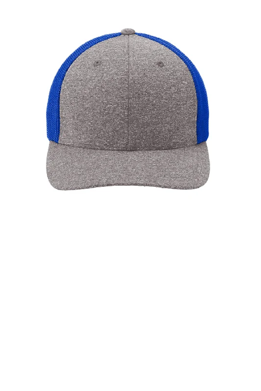 Mens hats with recycled cotton-Port Authority Mens Melange Mesh Back Flexfit Trucker Hat - True Royal Blue/Heather Grey