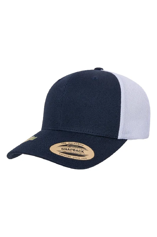 Mens hats with bright hues-Yupoong Mens Classics Recycled Mesh Snapback Trucker Hat - Navy Blue/White