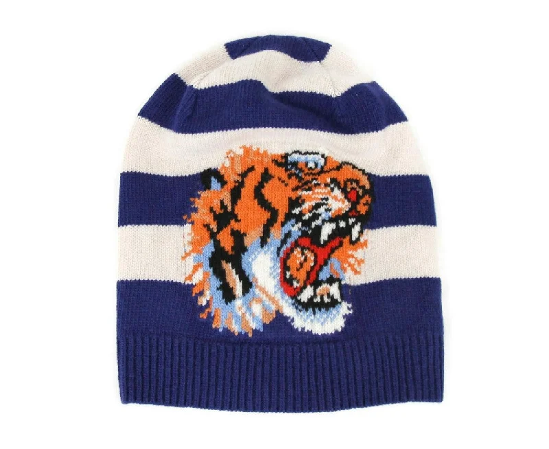 Wool hats for ski trips-Gucci Men's  Striped Wool Knit Beanie Hat With Tiger Head M / 58