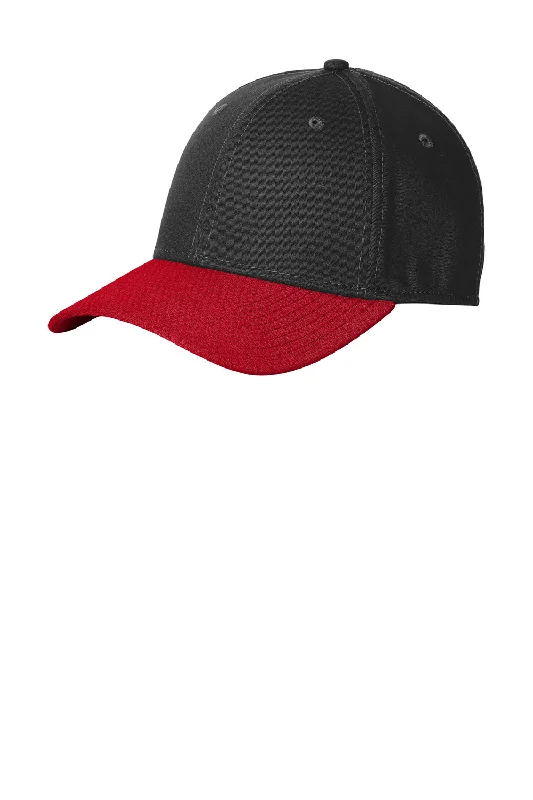 Mens hats for stormy days-New Era Mens Moisture Wicking Striped Stretch Fit Hat - Black/Scarlet Red