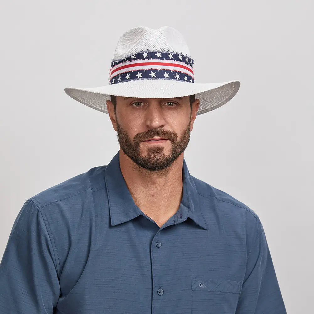 Sun hat for travel packs-Knox | Mens White Straw Sun Hat with Flag Hat Band