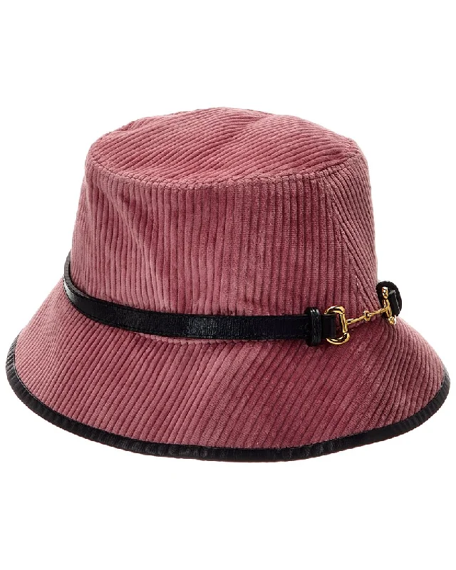 Womens Hats in warm coral-Gucci Corduroy Leather-Trim Hat