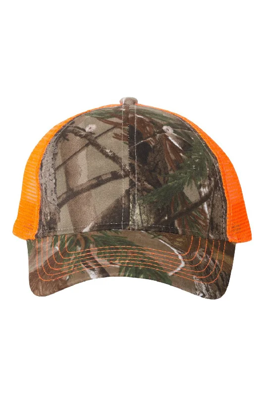 Mens hats with warm tones-Kati Mens Camo Mesh Back Adjustable Hat - Realtree AP/Neon Orange