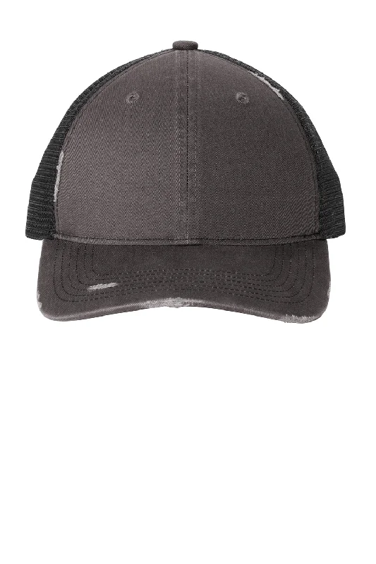 Mens hats with warm comfort-Port Authority Mens Distressed Mesh Back Adjustable Hat - Steel Grey/Black