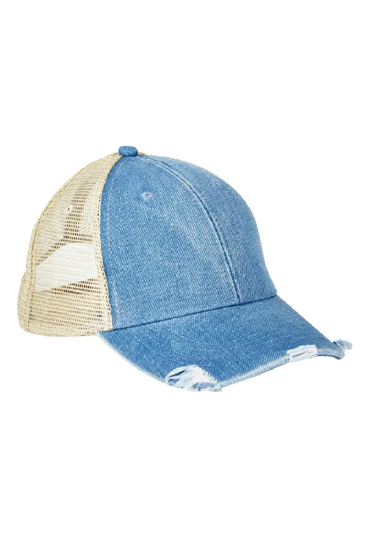 Mens hats with loud prints-Adams Mens Distressed Ollie Adjustable Trucker Hat - Light Denim Blue/Tan