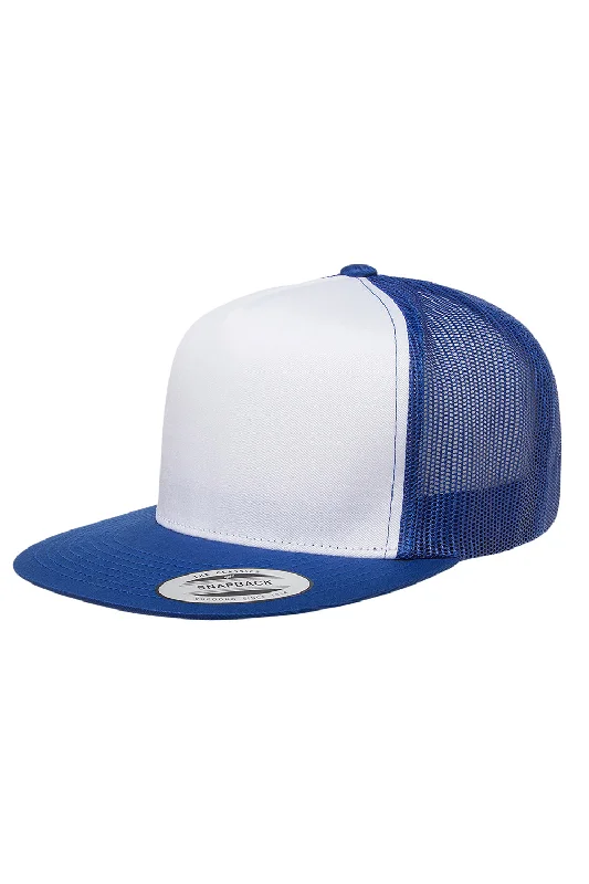 Mens hats with straw-Yupoong Mens Adjustable Trucker Hat - White/Royal Blue