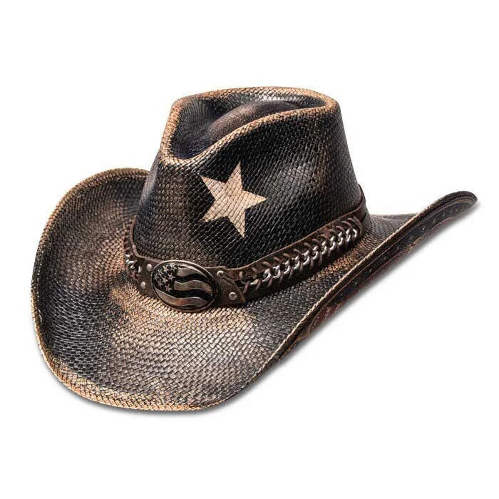 Beanies & Headbands with Polka Dots-Stampede Hats - Vintage Black Star USA Panama Straw Cowboy Hat