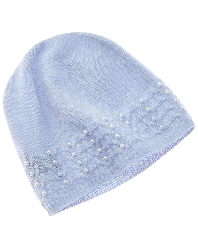 Womens Hats for winter ledges-Forte Cashmere Pearl Studded Rib Cable Cashmere Hat