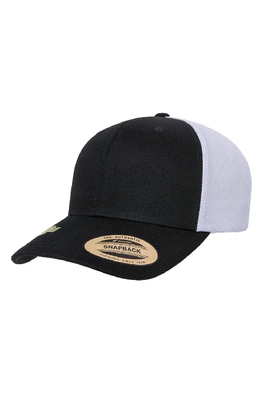 Mens hats with subtle prints-Yupoong Mens Classics Recycled Mesh Snapback Trucker Hat - Black/White