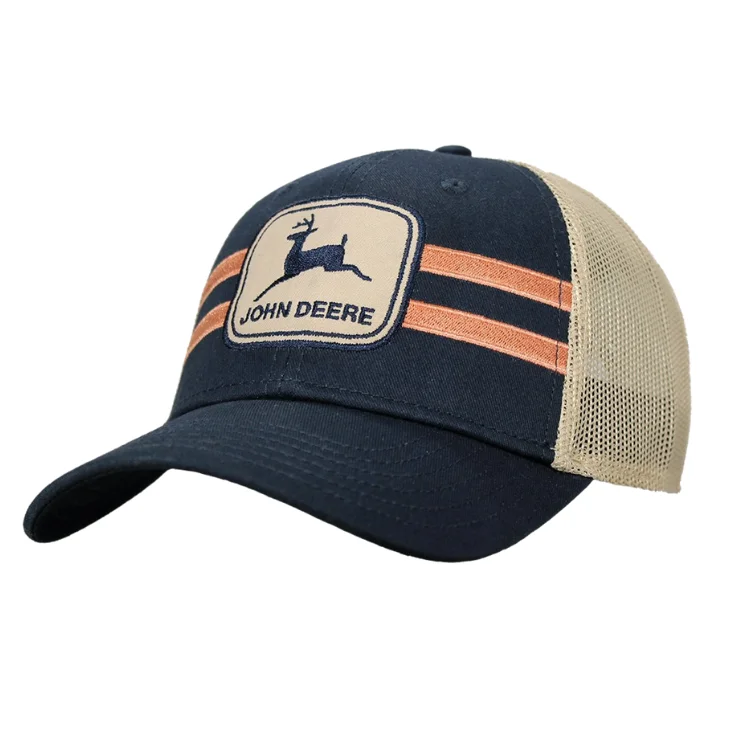 Beanies & Headbands for Wet Grass-John Deere Vintage Logo Trucker Mesh Racing Stripe Cap - Navy/Tan