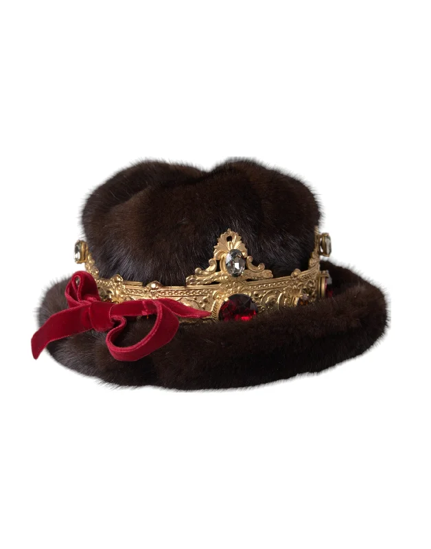 Womens Hats in chestnut tan-Dolce & Gabbana   Mink Fur  Crystal Crown Women's Hat