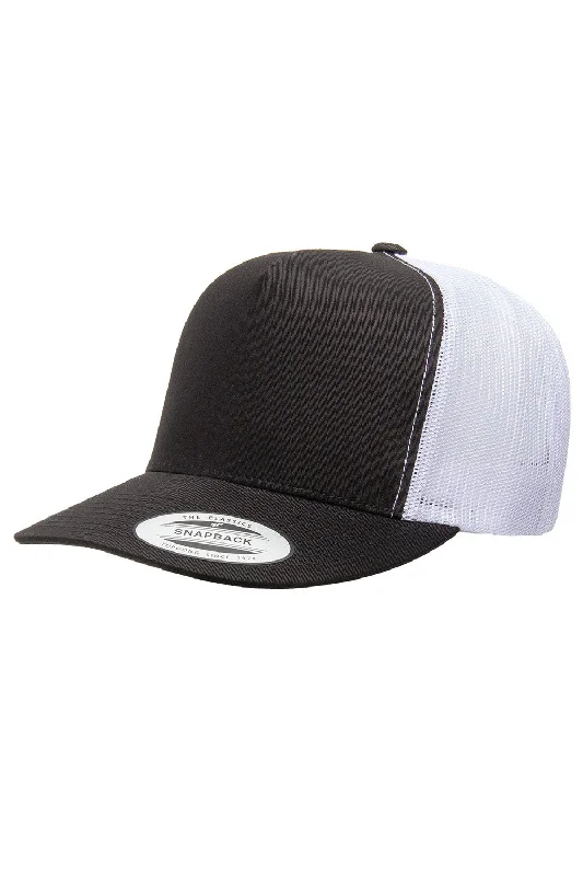 Mens hats for brisk walks-Yupoong Mens 5 Panel Classic Snapback Trucker Hat - Black/White