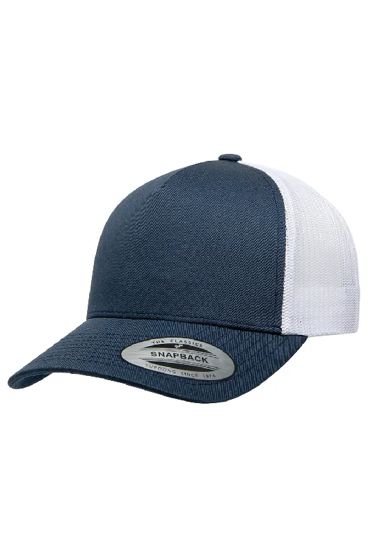 Mens hats with wide brims-Yupoong Mens Adjustable Trucker Hat - Navy Blue/White