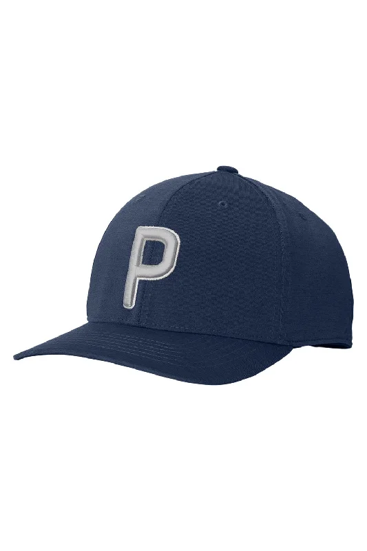 Mens hats with cool tones-Puma Mens Moisture Wicking P Snapback Hat - Navy Blue