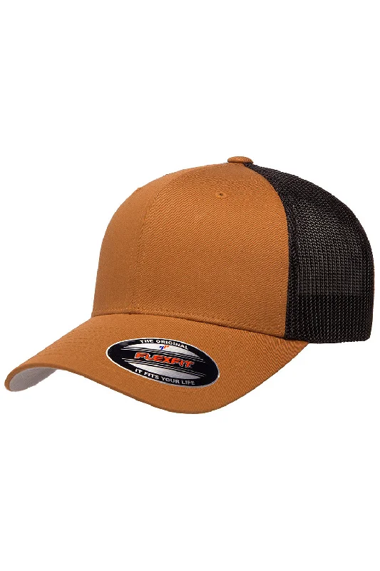 Mens hats for agility training-Flexfit Mens Stretch Fit Trucker Hat - Caramel Brown/Black