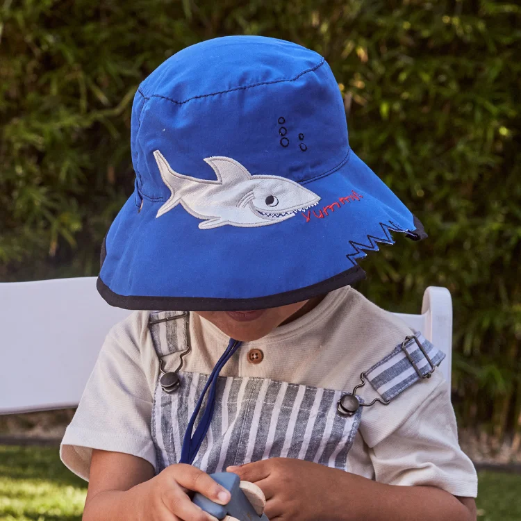 Beanies & Headbands for Calm Days-Cancer Council Kids Wide Brim Shark Hat - Blue