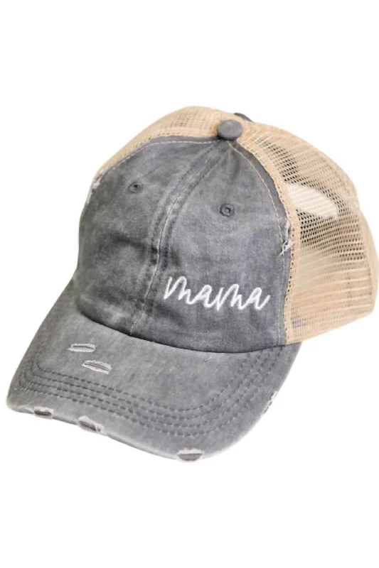 Womens Hats for sea sails-Women's Mama Embroidered Distressed Cap In Grey