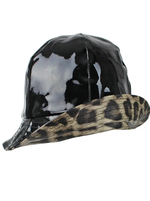 bucket hats for making your beachwear chic-Black Water Proof Bucket Rain Hat With Leopard Trim