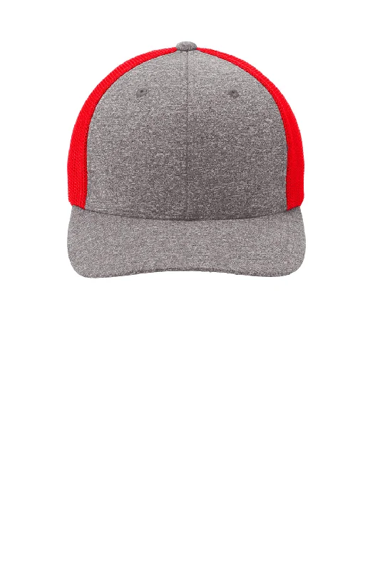 Mens hats for wet days-Port Authority Mens Melange Mesh Back Flexfit Trucker Hat - True Red/Heather Grey