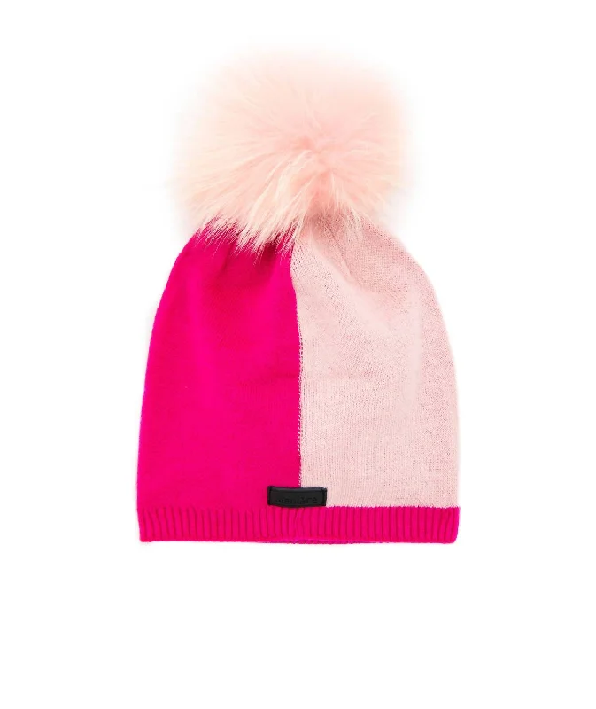 Womens Hats for sunny verandas-Color Block Knit With Pom Hat In Pink