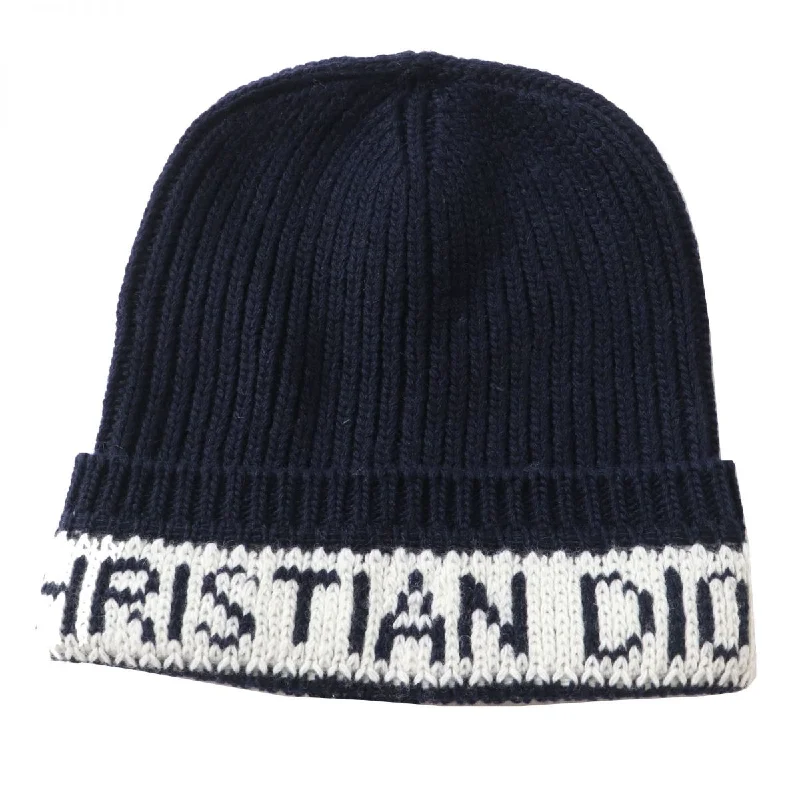 Wool hats for ultimate comfort-Christian Dior Wool Cashmere Logo Knit Hat Navy