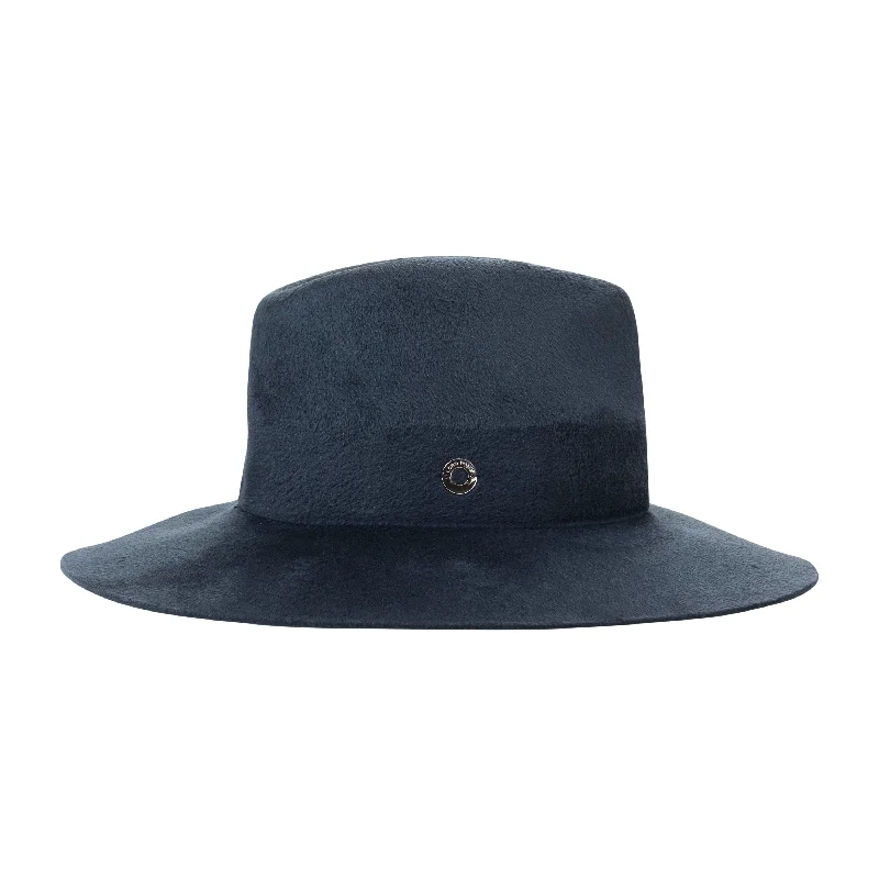 Womens Hats for crisp dawns-WIDE BRIMMED NAVY BLUE FEDORA HAT