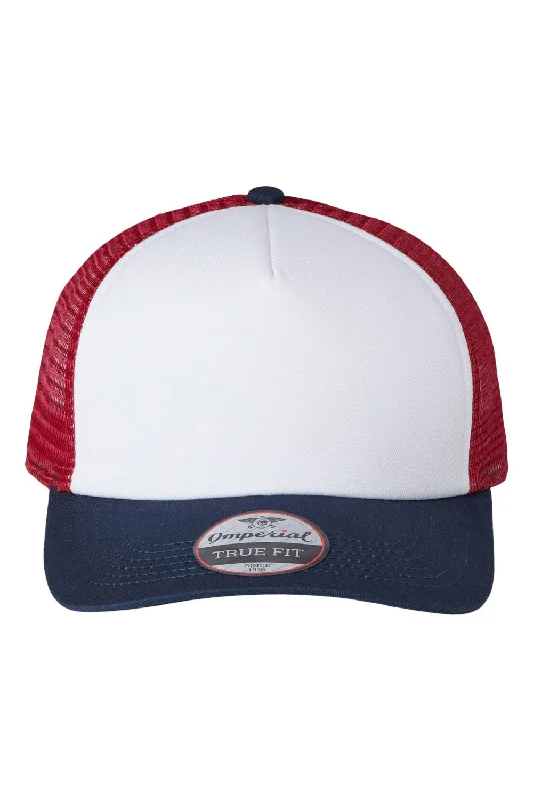 Mens hats for fitness training-Imperial Mens North Country Snapback Trucker Hat - White/Imperial Navy Blue/Red