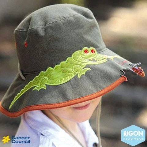 Beanies & Headbands with Fun Logo-Cancer Council Kid's Wide Brim Croc Hat - Khaki