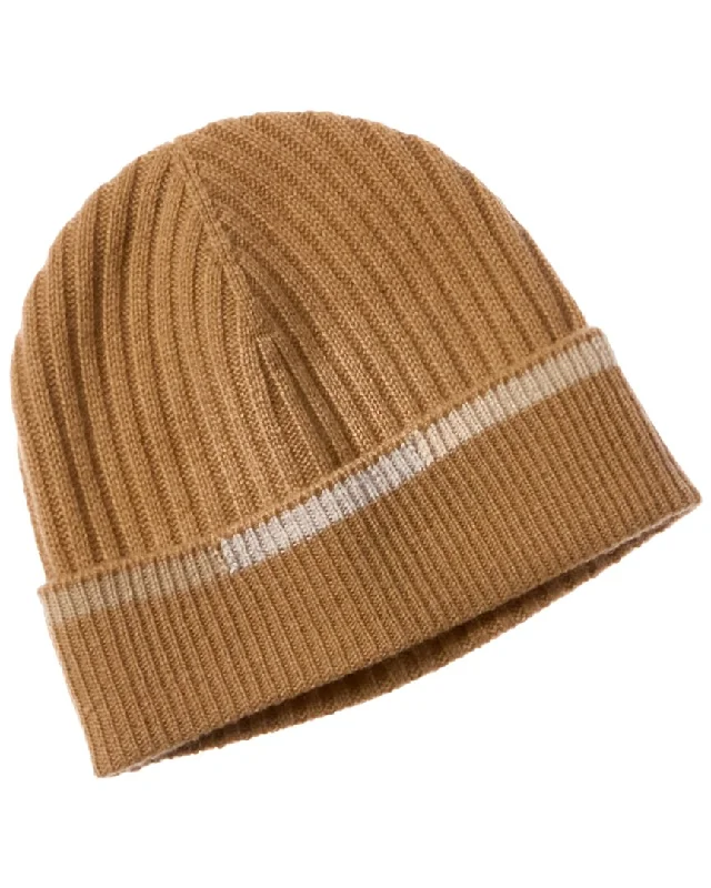 Womens Hats in pecan tan-Hannah Rose Stripe Tipping Edge Ribbed Cashmere Hat