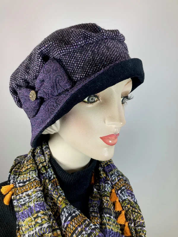 bucket hats for keeping it cool outdoors-Downton Abbey Hat. Shabby chic Purple black Cloche Hat. Stylish fabric Winter bucket hat. Womens Travel Hat. Great Gatsby Hat.