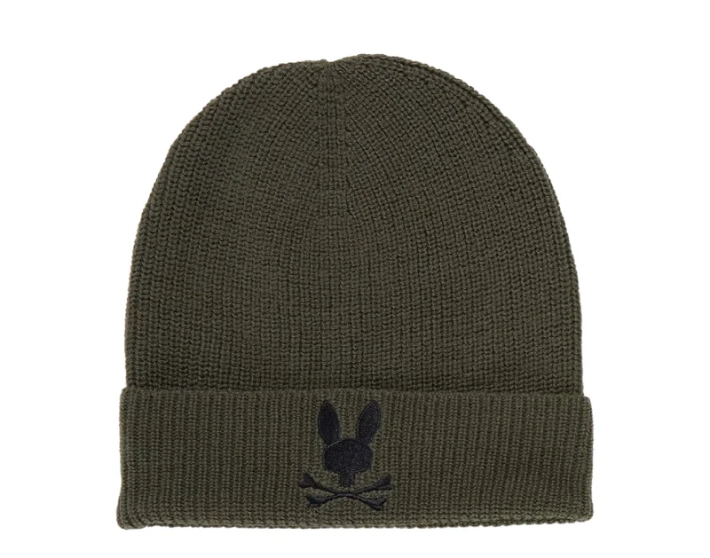 Wool hats for comfortable outdoor activities-Psycho Bunny Allen Merino Wool Dark Olive Beanie B6A988U1HT-DKL