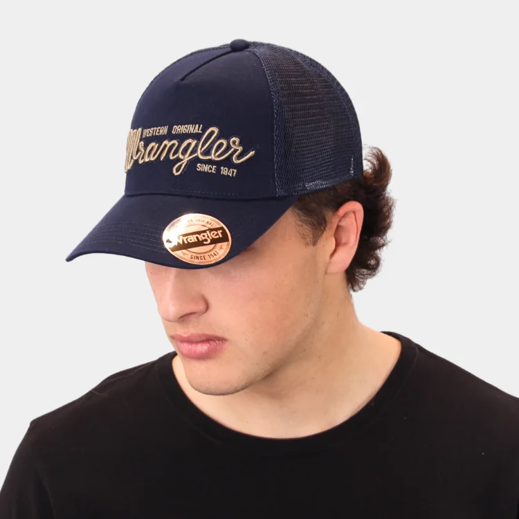 Beanies & Headbands for Clean Look-Wrangler Logo Trucker Cap - Navy