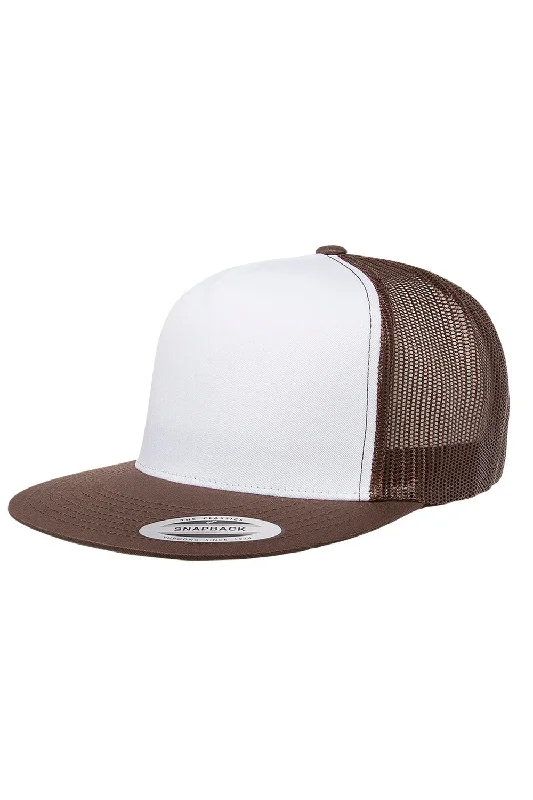 Mens hats with unique designs-Yupoong Mens Adjustable Trucker Hat - White/Brown