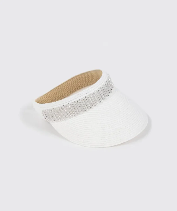 Womens Hats for street festivals-Lorena Visor In White With Embellishments