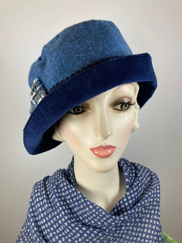 bucket hats for perfect sun protection gear-Blue warm winter cloche hat for women. Corduroy and flannel fabric hat. Vintage inspired bucket hat. Ladies small travel hat. Gatsby hat