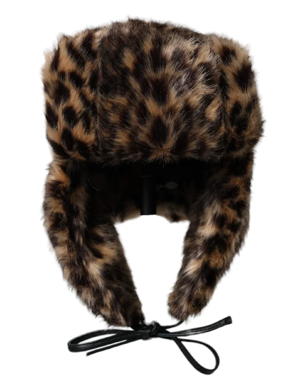 Womens Hats with curved edges-Dolce & Gabbana multi Leopard Fur Trapper Women Women's Hat