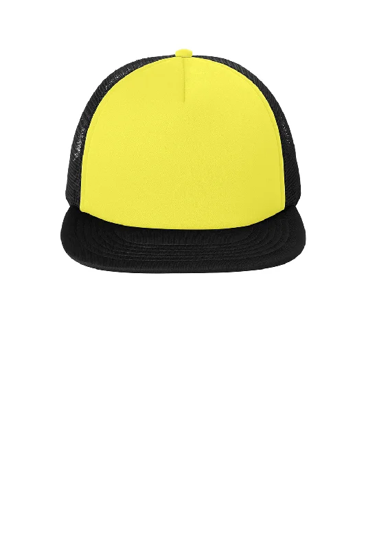 Mens hats with leather-District Mens Flat Bill Snapback Trucker Hat - Neon Yellow