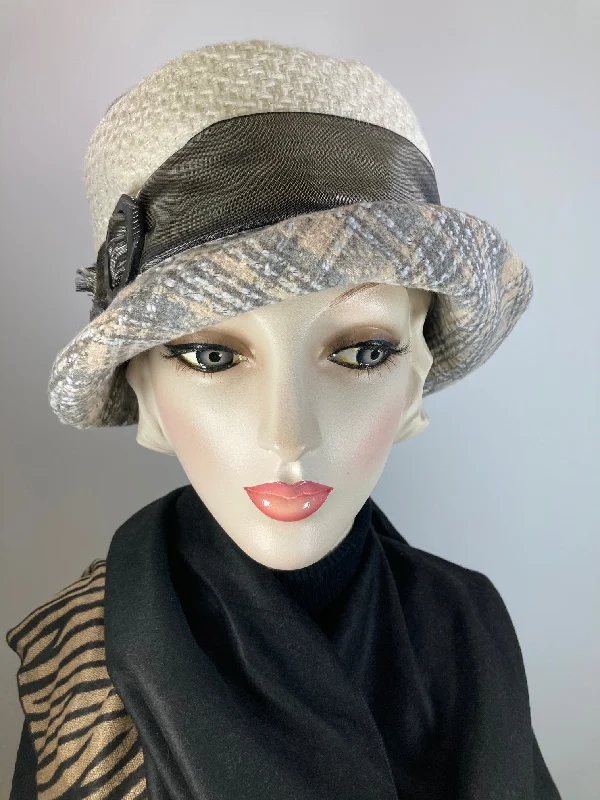 bucket hats for versatile travel accessories-Gray, beige, ivory cloche hat. Flapper womens bucket hat. Small brim Great Gatsby hat winter. Downton Abbey mixed fabric Hat.