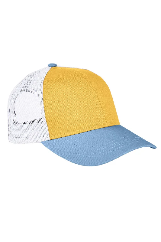 Mens hats for street style-Authentic Pigment Mens Tri Color Adjustable Trucker Hat - Mustard Yellow/Bay Blue/White