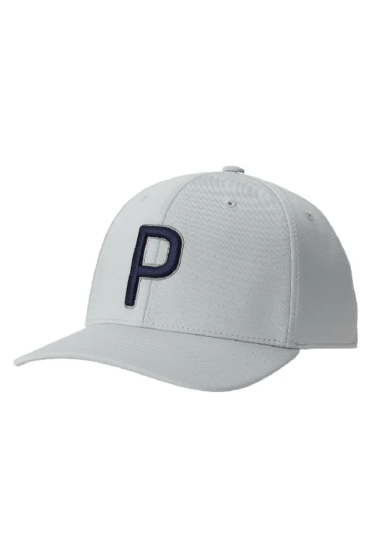 Mens hats with warm lining-Puma Mens Moisture Wicking P Snapback Hat - High Rise Grey