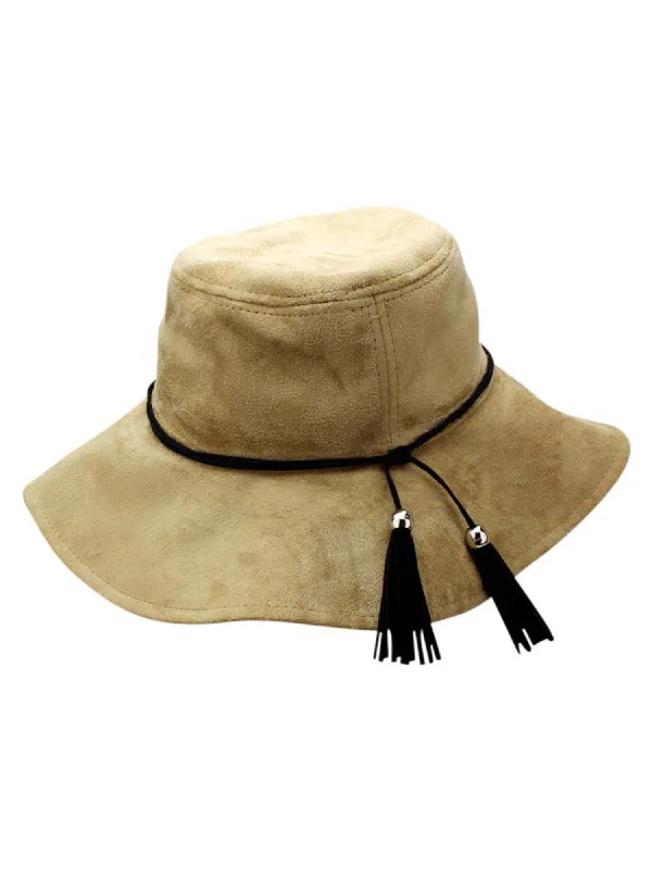 bucket hats for stylish travel fashion-Beige Faux Suede Bucket Hat With Tassel Hat Band