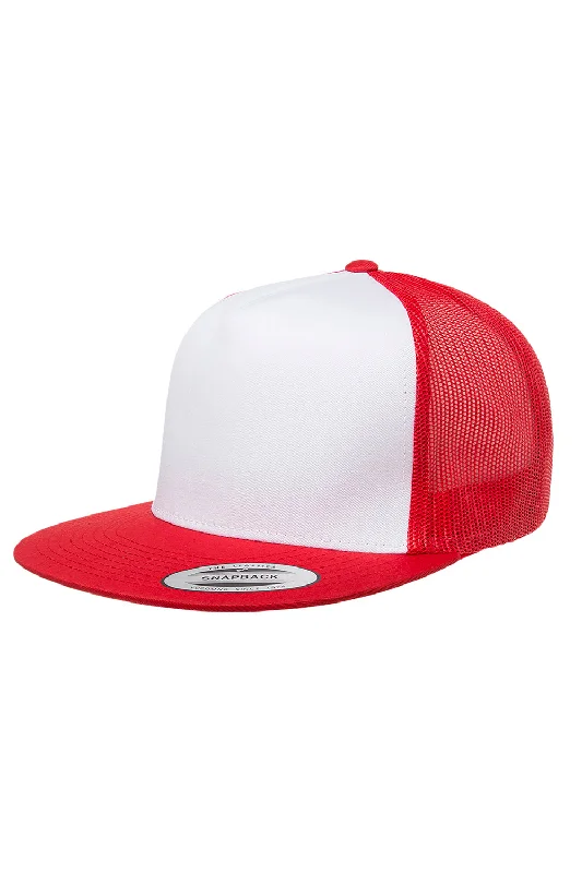 Mens hats for trendy looks-Yupoong Mens Adjustable Trucker Hat - White/Red