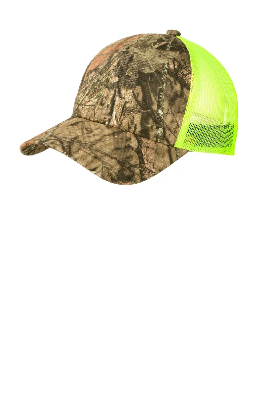 Mens hats for adventure sports-Port Authority Mens Camouflage Mesh Back Adjustable Hat - Mossy Oak Break Up Country/Neon Yellow