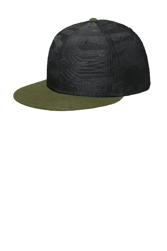 Mens hats for sports-New Era Mens Camo Flat Bill Snapback Hat - Army Green/Black Camo