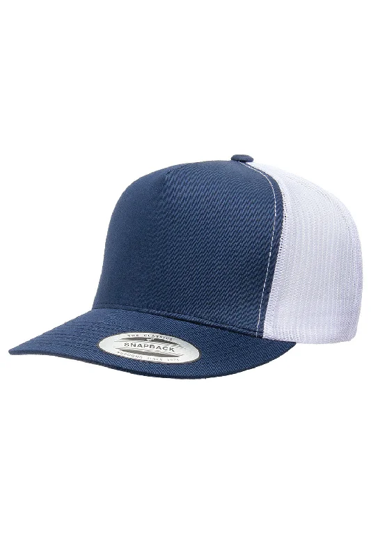 Mens hats with natural fibers-Yupoong Mens 5 Panel Classic Snapback Trucker Hat - Navy Blue/White