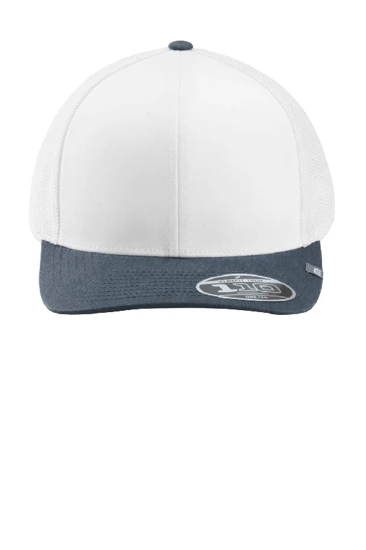 Mens hats for short journeys-TravisMathew Mens Cruz Colorblock Adjustable Trucker Hat - White/Vintage Indigo Blue